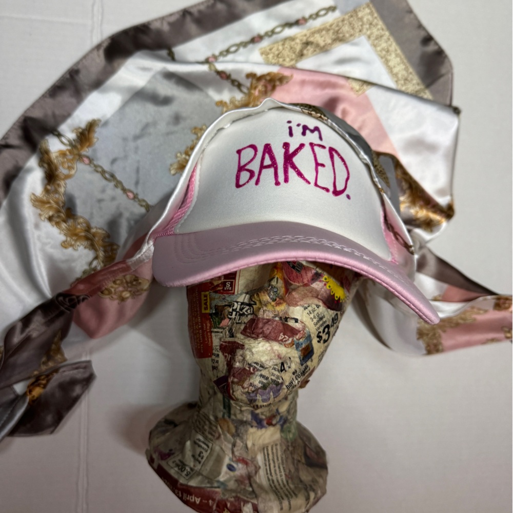 Pink and White 'I'm Baked' Cap with scarf
